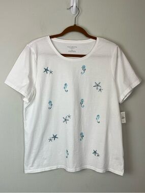 NWT Talbots Outlet Tee White Seahorses Embroidered Sequined XLP